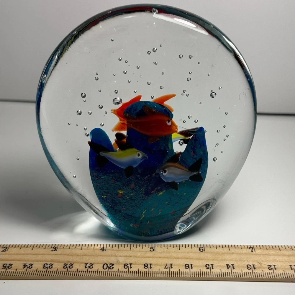 Art Glass Murano like Aquarium Fish Paperweight Blue with Multicolor Fish